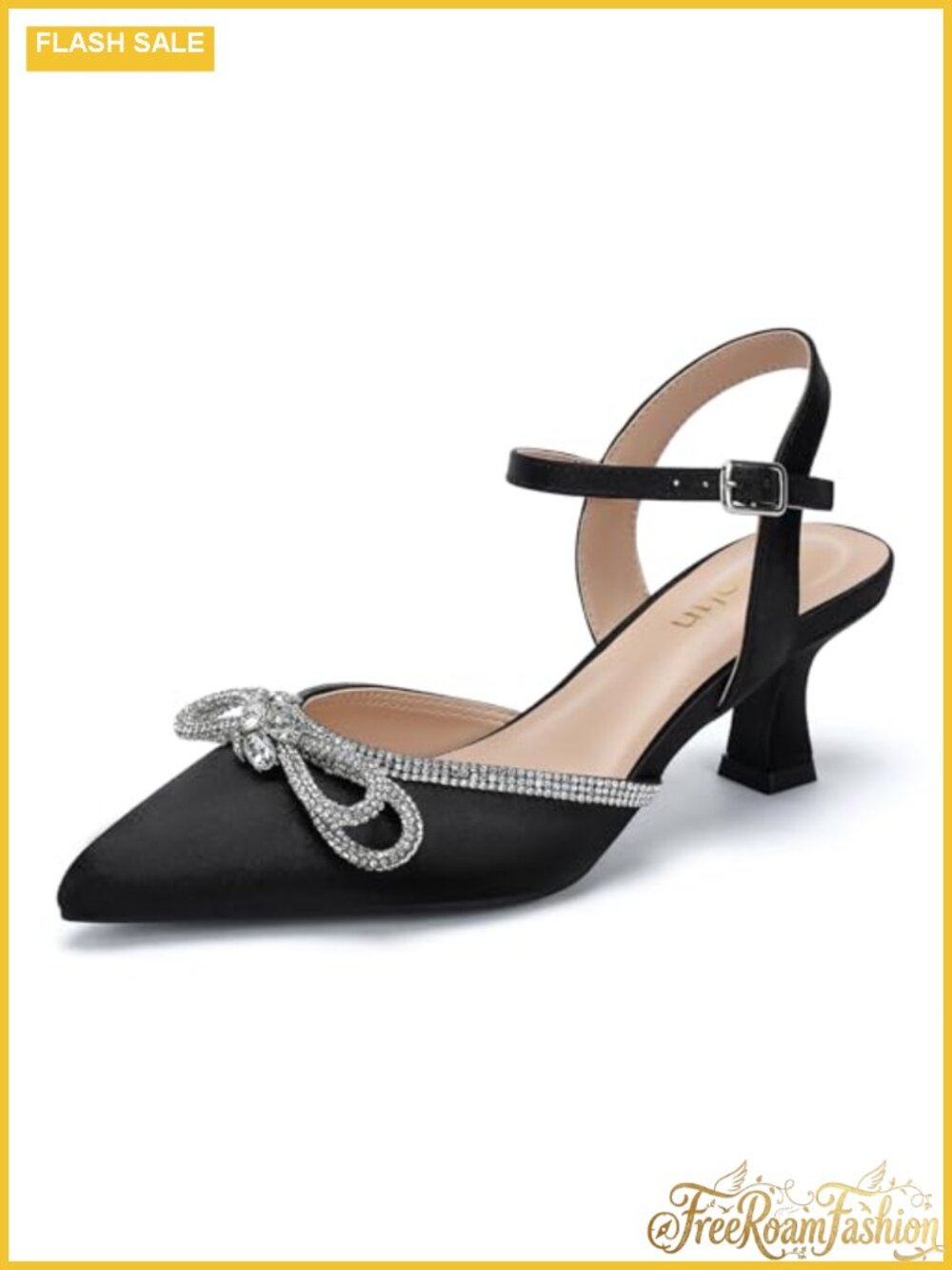 Wide Width Kitten Heel Pointed Toe Pumps Rhinestone Bow Ankle Strap